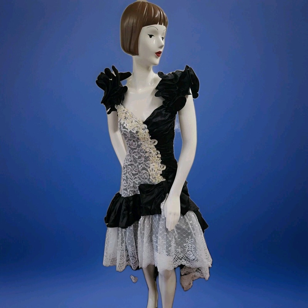Flirtations Vintage 80s Blk/white Sequin Lace Taffeta Party Prom Dress sz 7/8 - Picture 3 of 9